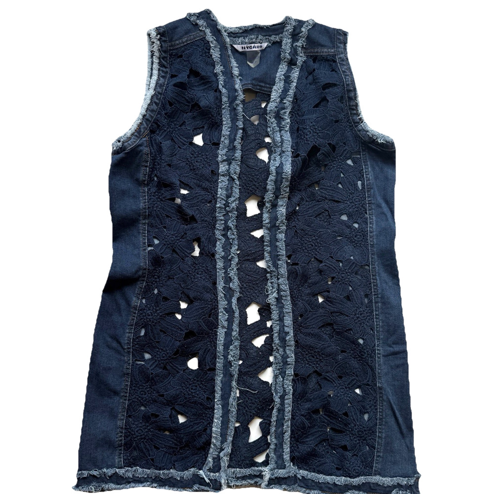 Womens Denim Crochet Denim Vest Open Sz‎ Small Color Block Patchwork Long Tunic